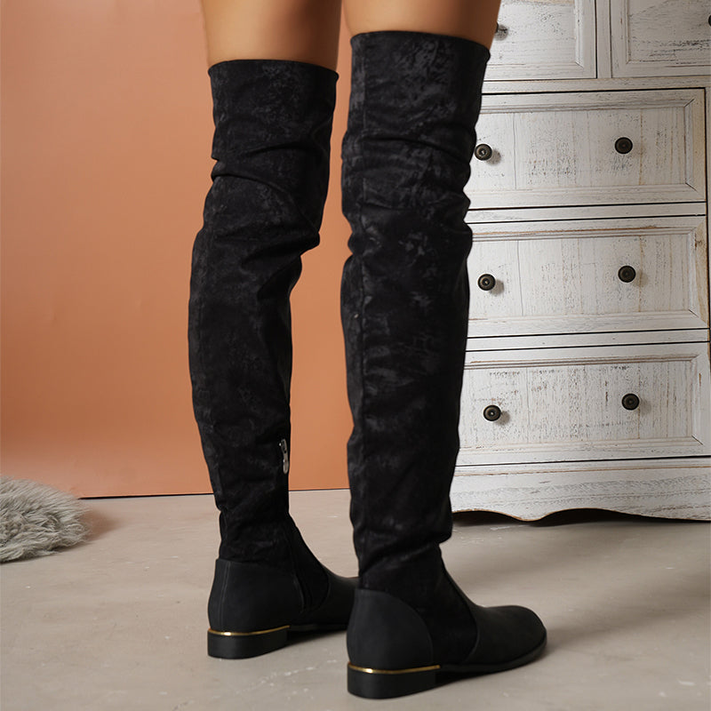 Fashion Over-the-knee Boots For Women Suede Stitching Low-heeled Long Boots With Side Zipper Design Party Shoes Winter