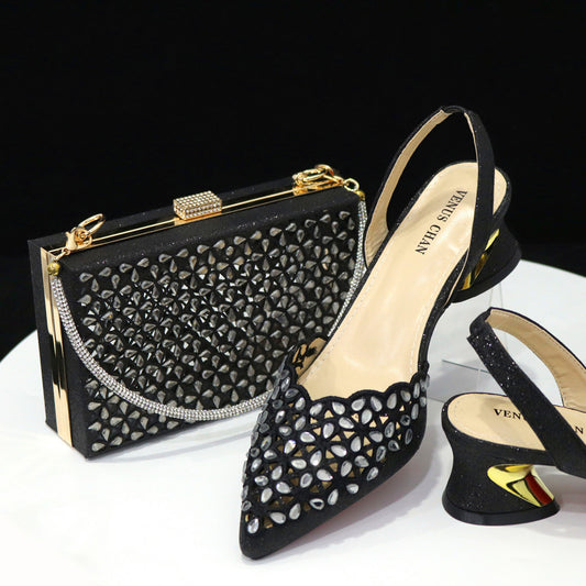 Party Pointed Toe Women's Shoes Back Empty Elastic Band Diamond Face Square Crystal Bag
