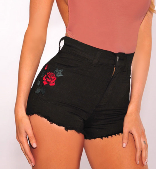 Rose Flower Embroidery Women Denim Shorts Jeans - Classic chic