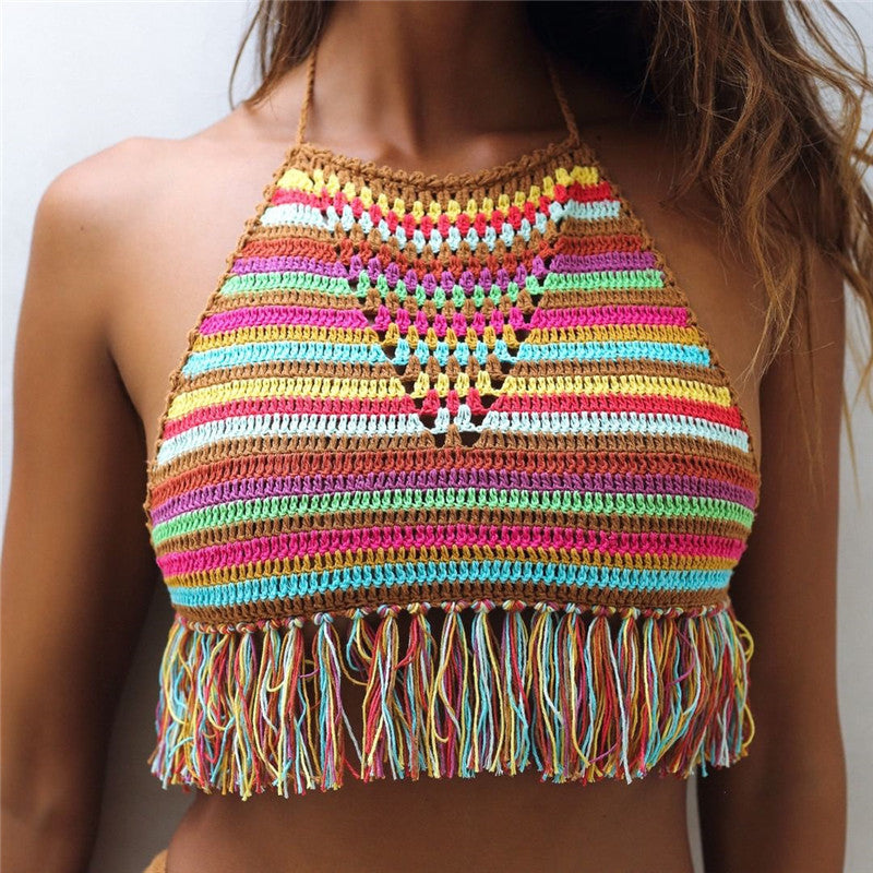 Crochet Colours Stripes Bikini Top Beach Women Tassel Swimwear Top - Classic chic