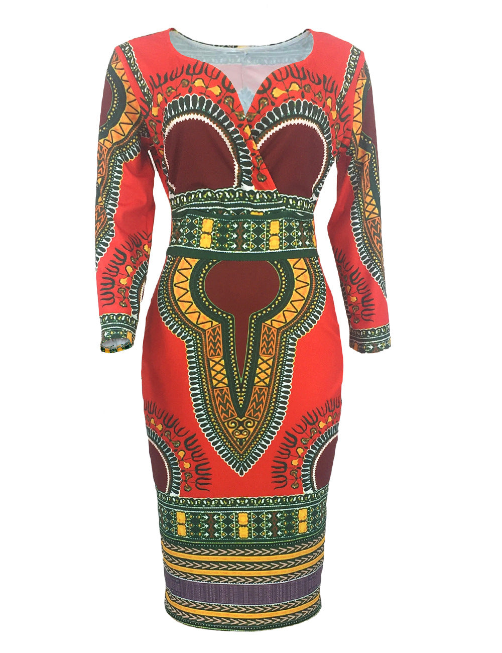 Women's African-style Three-quarter Sleeve V-neck Dress