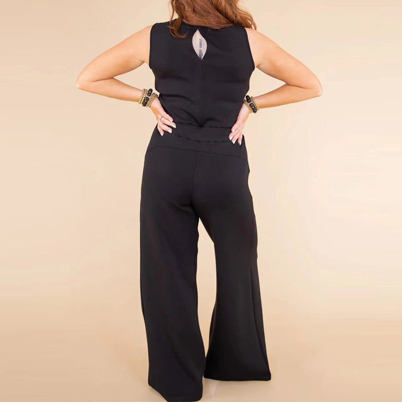 Solid Color Jumpsuit Sleeveless Tops Tie Elastic Pants Romper - Classic chic
