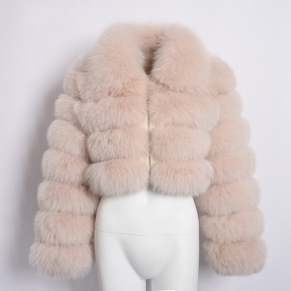 Women's Fur Coat Fox Fur Stitching Short Lapel Long Sleeve Coat