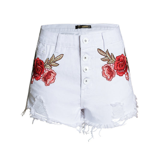 Embroidered loose beard jeans women shorts - Classic chic
