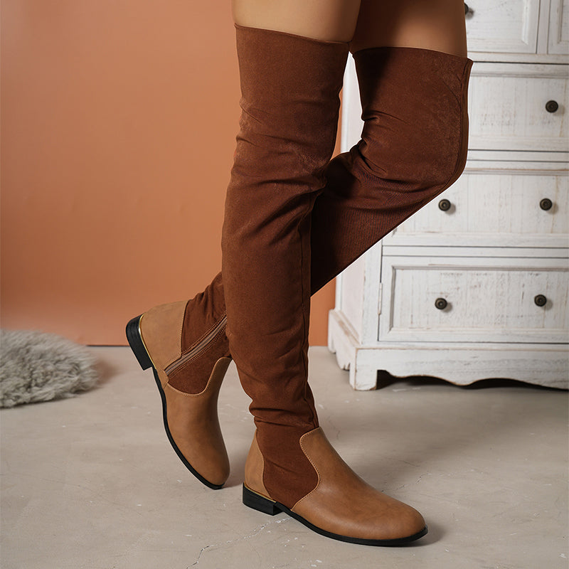 Fashion Over-the-knee Boots For Women Suede Stitching Low-heeled Long Boots With Side Zipper Design Party Shoes Winter