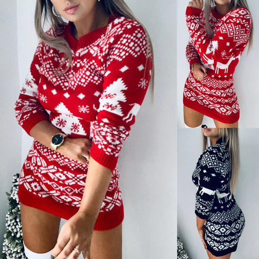 Women's Fashion All-match Christmas Theme Knitted Long-sleeved Dress