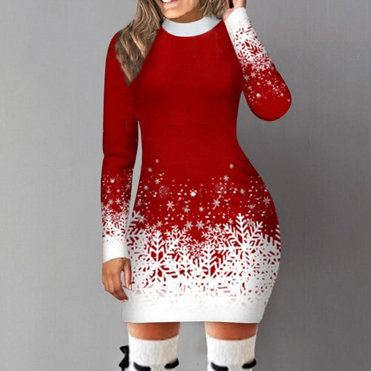 Christmas Printed Long Sleeve Dress A-lineskirt Women