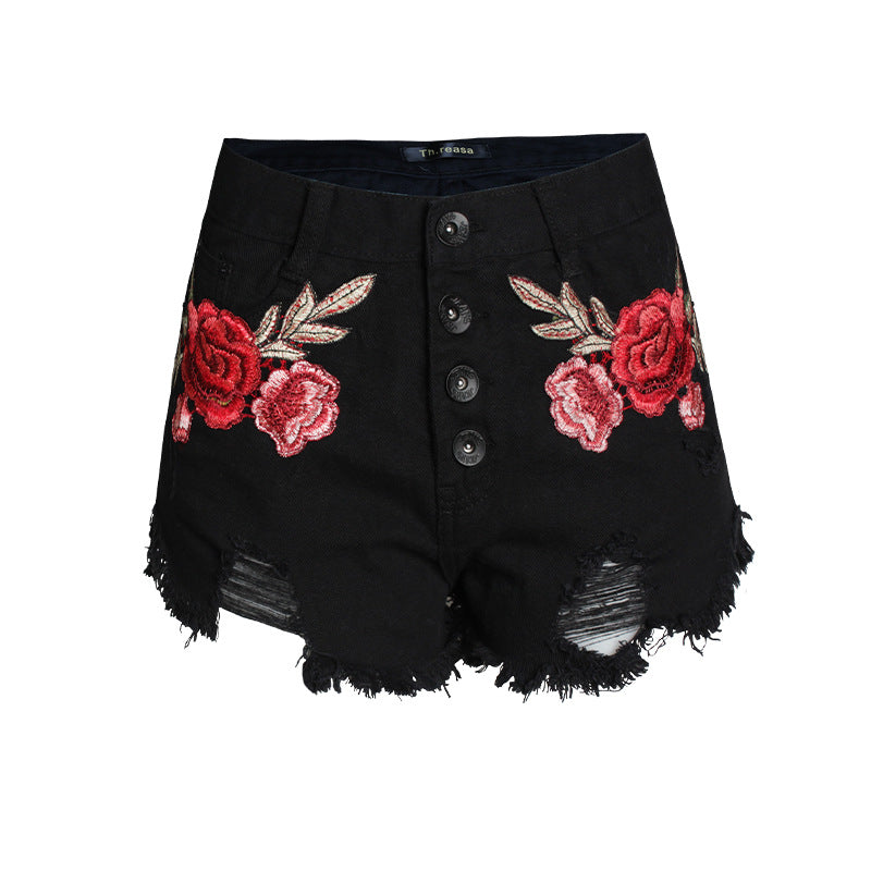 Embroidered loose beard jeans women shorts - Classic chic