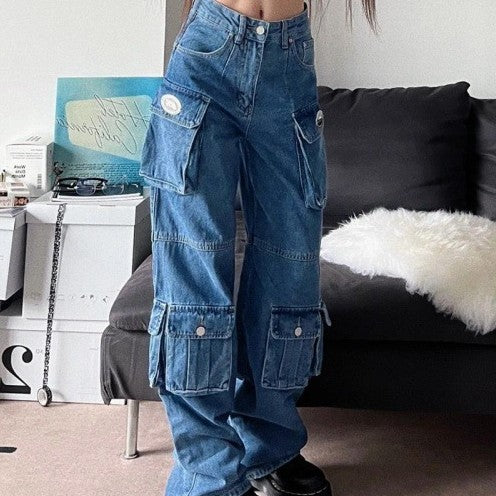 American Retro Multi Pocket Overalls Jeans For Women - Classic chic