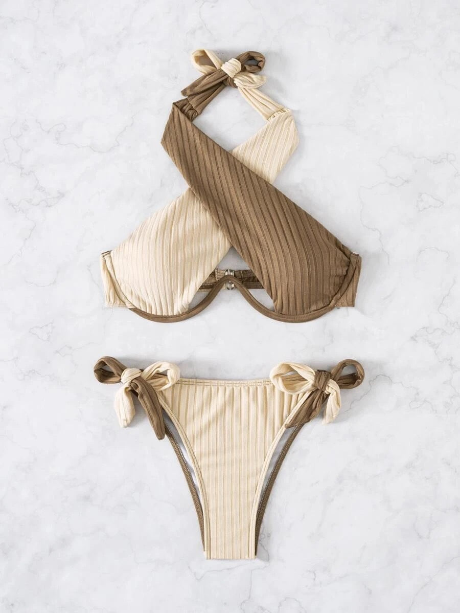 Bikini Women's Swimsuit Two-color Hanging Neck Cross Slim Back - Classic chic