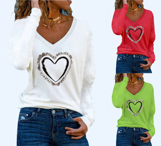 Heart Pattern Printing V-neck Long-sleeved All-match Female T-shirt Bottoming Shirt - Classic chic