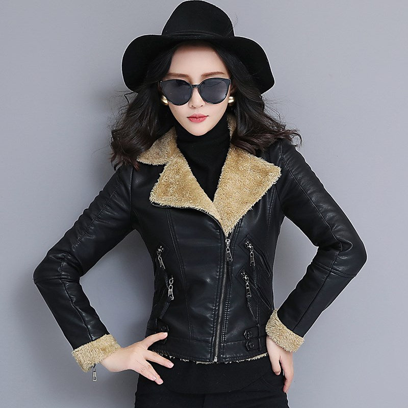 Women's leather leather jacket short fur coat plus velvet thick sheepskin jacket - Classic chic