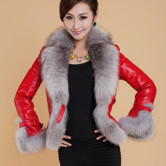 Best-selling Autumn  Winter Jacket Woman Fur Coat Fashion  Fox Fur Collar Women Coat Slim Short PU Leather Coat - Classic chic