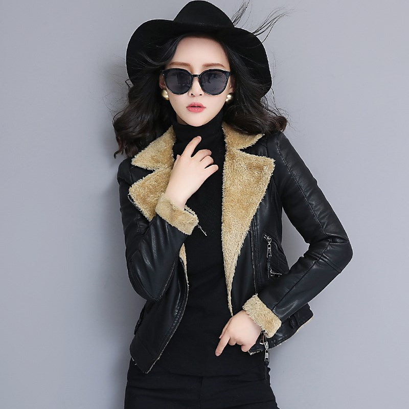 Women's leather leather jacket short fur coat plus velvet thick sheepskin jacket - Classic chic