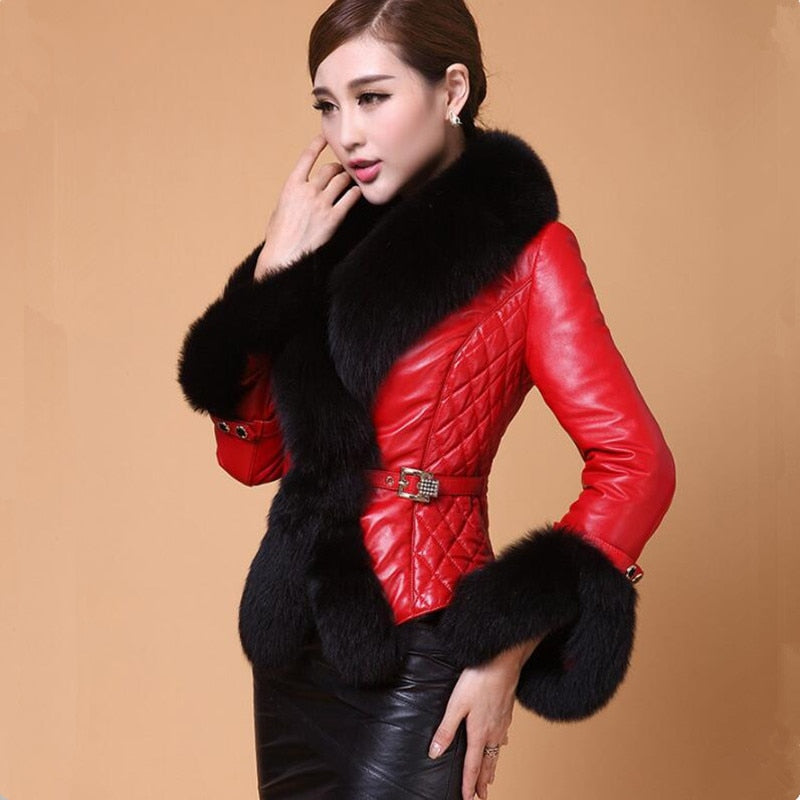 Best-selling Autumn  Winter Jacket Woman Fur Coat Fashion  Fox Fur Collar Women Coat Slim Short PU Leather Coat - Classic chic