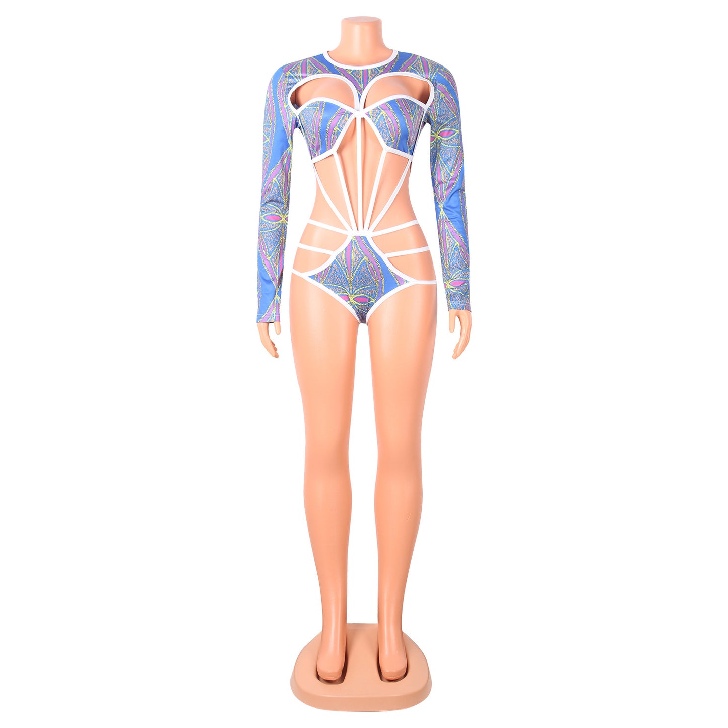 Sexy Hollow Digital Printed Long Sleeve Bodysuit - Classic chic