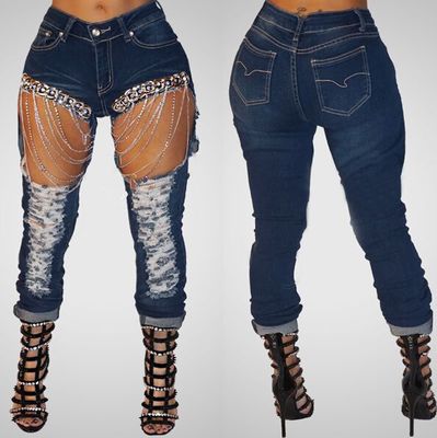 Women ripped chain jeans big size 2xl skinny jeans - Classic chic