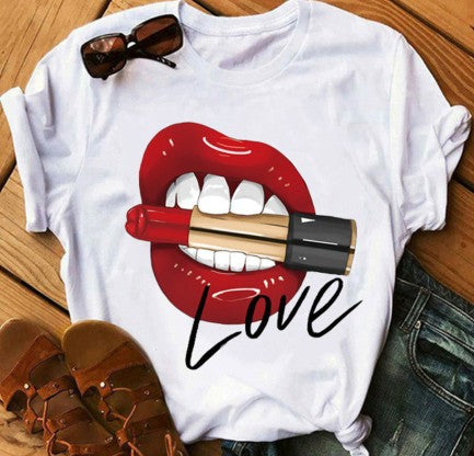 Short-sleeved t-shirt female lips print bottoming shirt - Classic chic