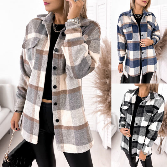 Long-sleeved Single-breasted Plaid Print Shirt Collar Woolen Jacket - Classic chic