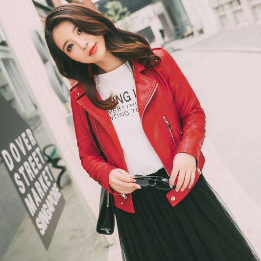 2021 spring and autumn new ladies leather short Korean version of the self-cultivation motorcycle pu leather jacket wild thin jacket - Classic chic