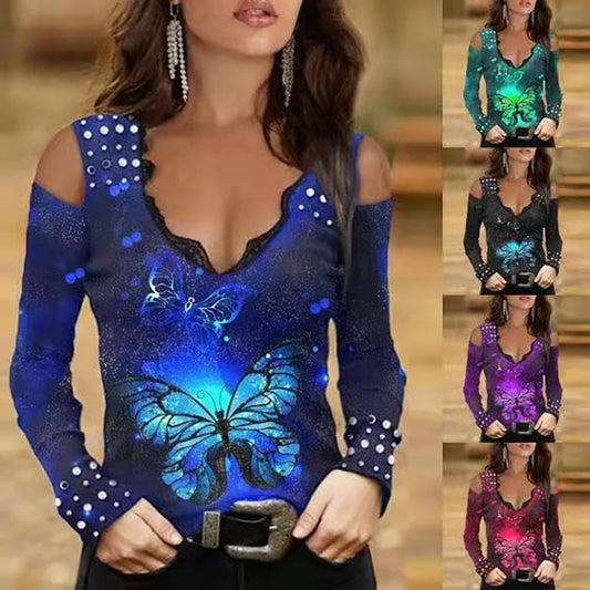 V-neck Lace Long-sleeved Butterfly Print Gradient T-shirt - Classic chic
