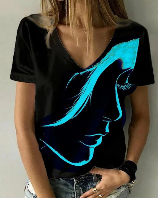 Fashion Women's Wear Abstract Portrait T-shirt Print Summer V-neck Shirt - Classic chic